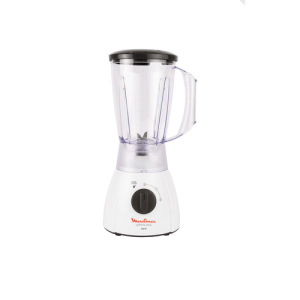 Licuadora Optimix Plus Moulinex LM2701AR color blanco con vaso plástico y cuchillas de acero inoxidable.