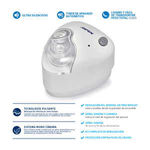 Nebulizador ultrasonico compacto NU320FE Plus con mascarilla para adultos y niños.