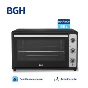Horno electrico BGH 80 litros negro BHE80M25I con panel mecánico y puerta de vidrio.