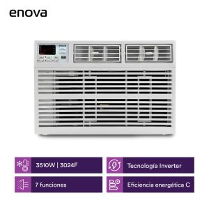 Aire acondicionado Enova Ventana Inverter 3200W blanco de diseño compacto con control remoto.